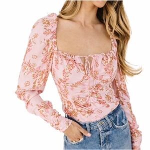 Free People Hilary Printed Top Pink Floral Square Neck Size Small